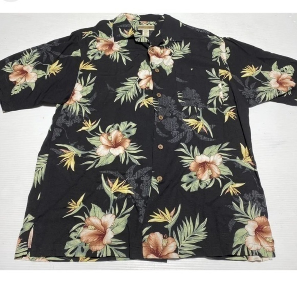 Original Island Sport Hawaiian Shirt, Size Large, Black with Hibiscus Print
